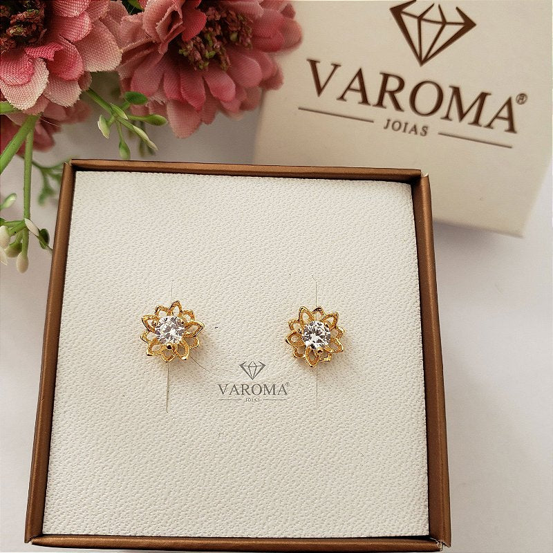 Brinco de florzinha com zircônia banhado em ouro 18K