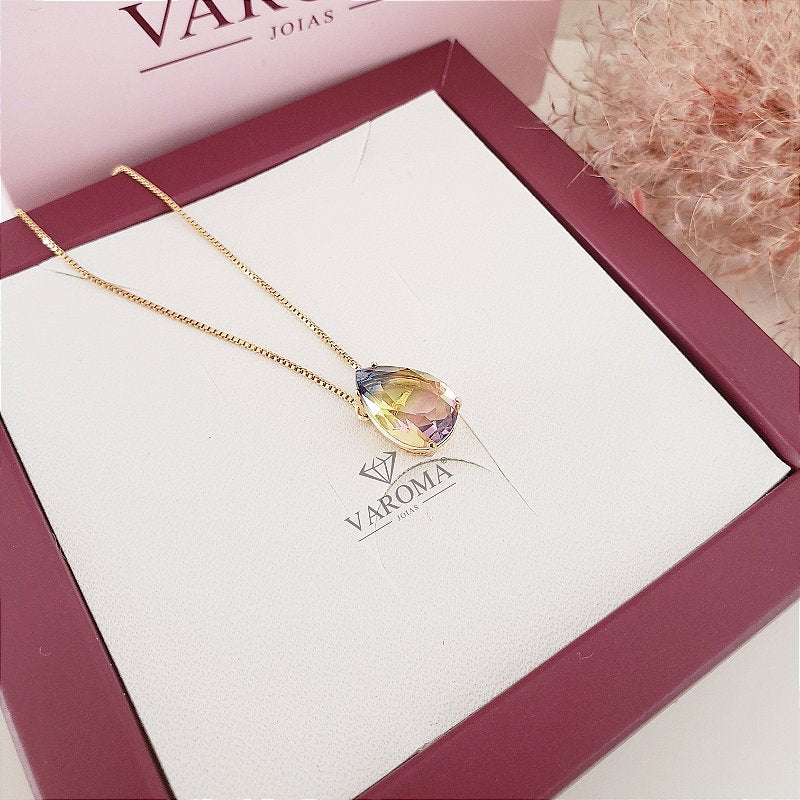 Colar com gota  de zircônia rainbow banhado em ouro 18k