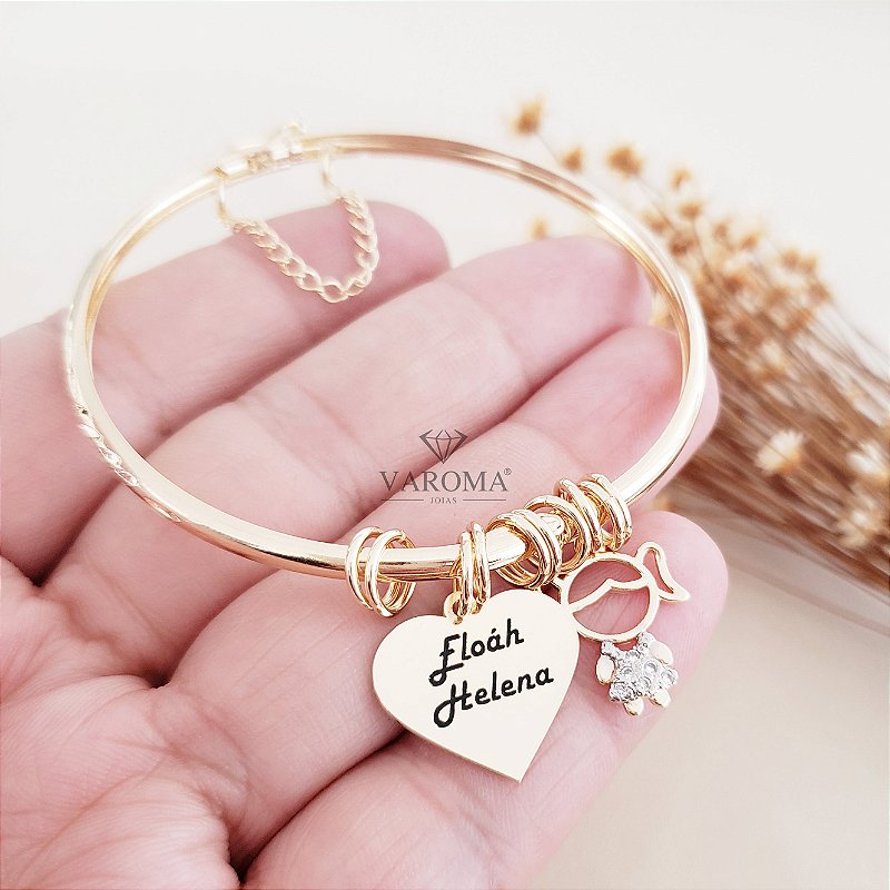 Bracelete fino com fecho, coração personalizável e pingente de filho banhado em ouro 18k