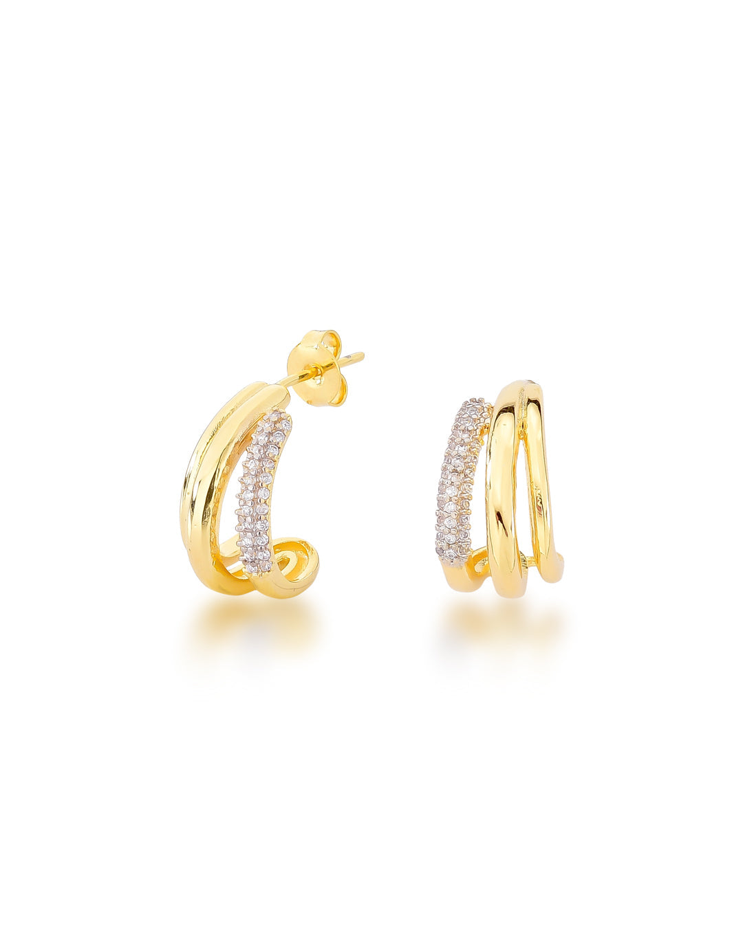 [CUSTO] Brinco Meia Argola com 2 Filetes Lisos e 1 Filete Cravejado com Zircônias | Banhado a Ouro 18k