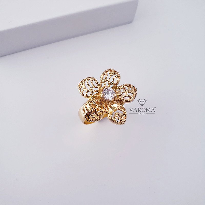 Anel de flor com zircônia banhado em ouro 18k