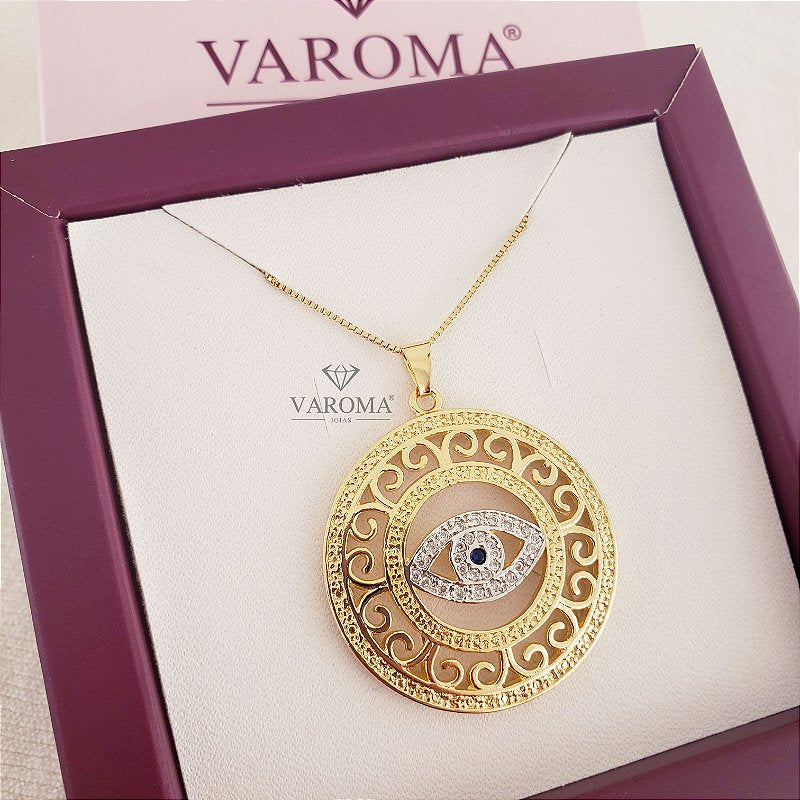 Colar mandala com detalhes vazados e olho grego cravejado com zircônias banhado em ouro 18k