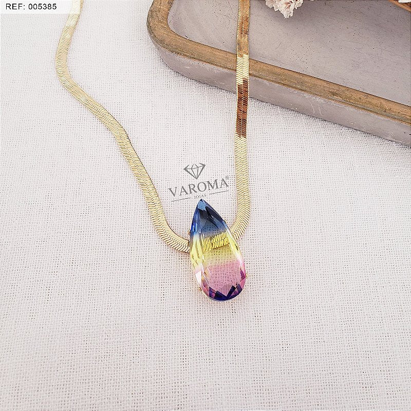 Choker de malha com  com gota rainbow banhado em ouro 18k