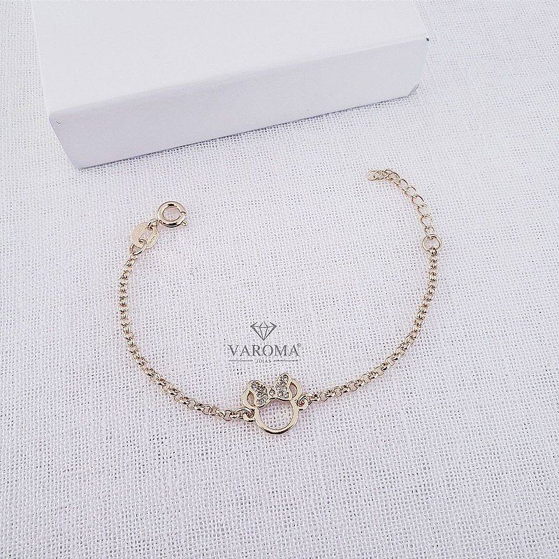 Pulseira infantil com pingente da Minnie cravejadas com zircônias banhada em ouro 18k