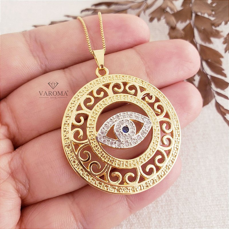 Colar mandala com detalhes vazados e olho grego cravejado com zircônias banhado em ouro 18k