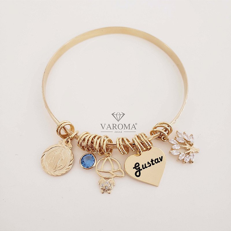 Bracelete especial com São Bento, ponto de luz, filho, coração personalizável e árvore da vida banhado em ouro 18k