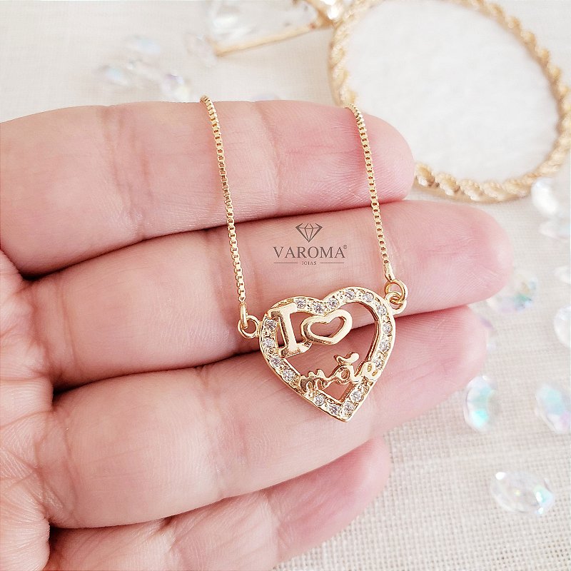 Colar com coração  "i ♥ Mãe"  banhado em ouro 18k