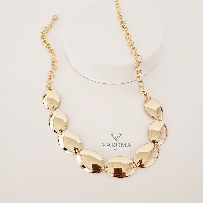 Choker corrente e chapinhas ovais banhada em ouro 18k