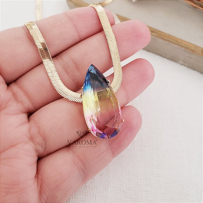 Choker de malha com  com gota rainbow banhado em ouro 18k