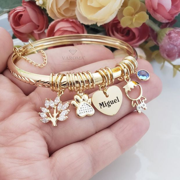 Bracelete de fecho com coração personalizável, filho, ponto de luz, patinha e árvore da vida banhado em ouro 18k