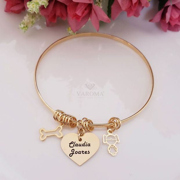 Bracelete fino com coração personalizável, ossinho  e menino ou menina banhado  em ouro 18k