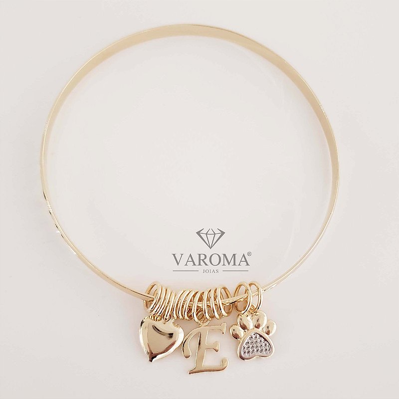 Bracelete com patinha, coração e letra personalizável banhado em ouro 18k