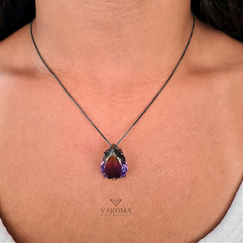 Colar de gota  com zircônia rainbow banhado em ródio