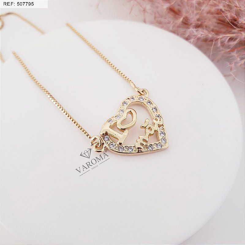 Colar com coração  "i ♥ Mãe"  banhado em ouro 18k