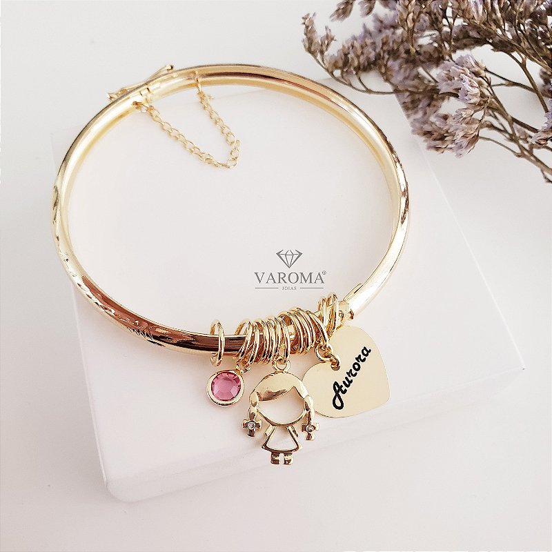 Bracelete de fecho com coração personalizável, menino ou menina e ponto de luz banhado em ouro 18k