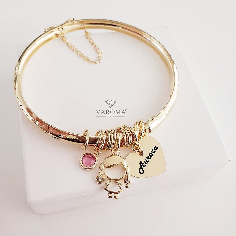 Bracelete de fecho com coração personalizável, menino ou menina e ponto de luz banhado em ouro 18k