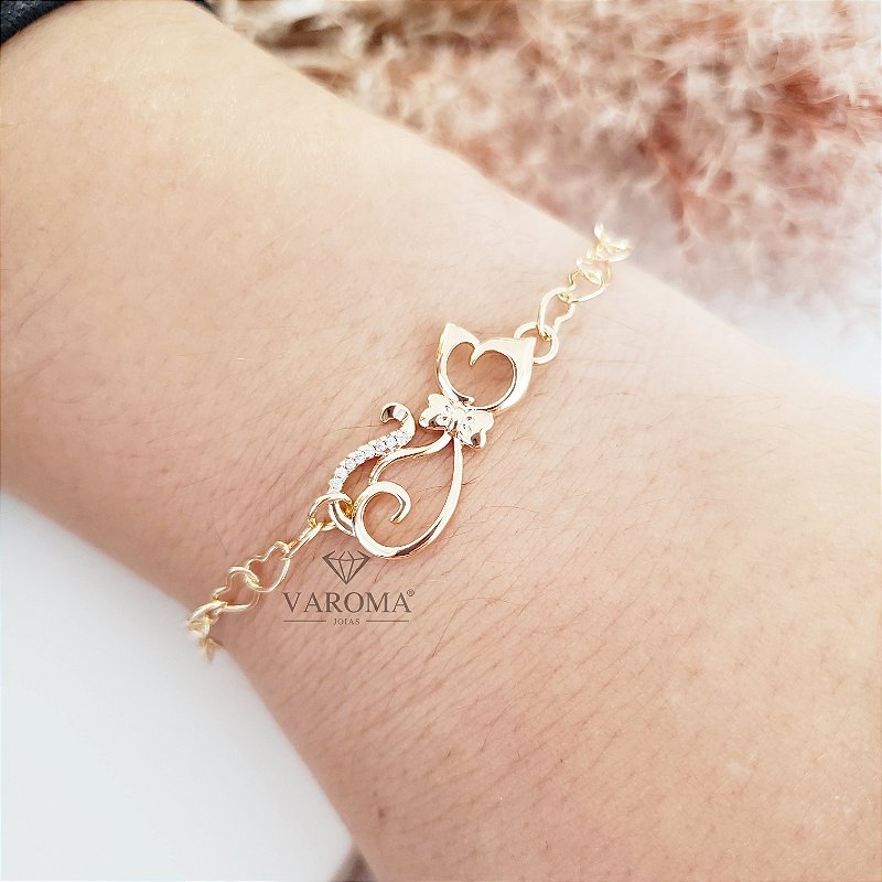 Pulseira com gatinho cravejado com zircônias  banhado em ouro 18k