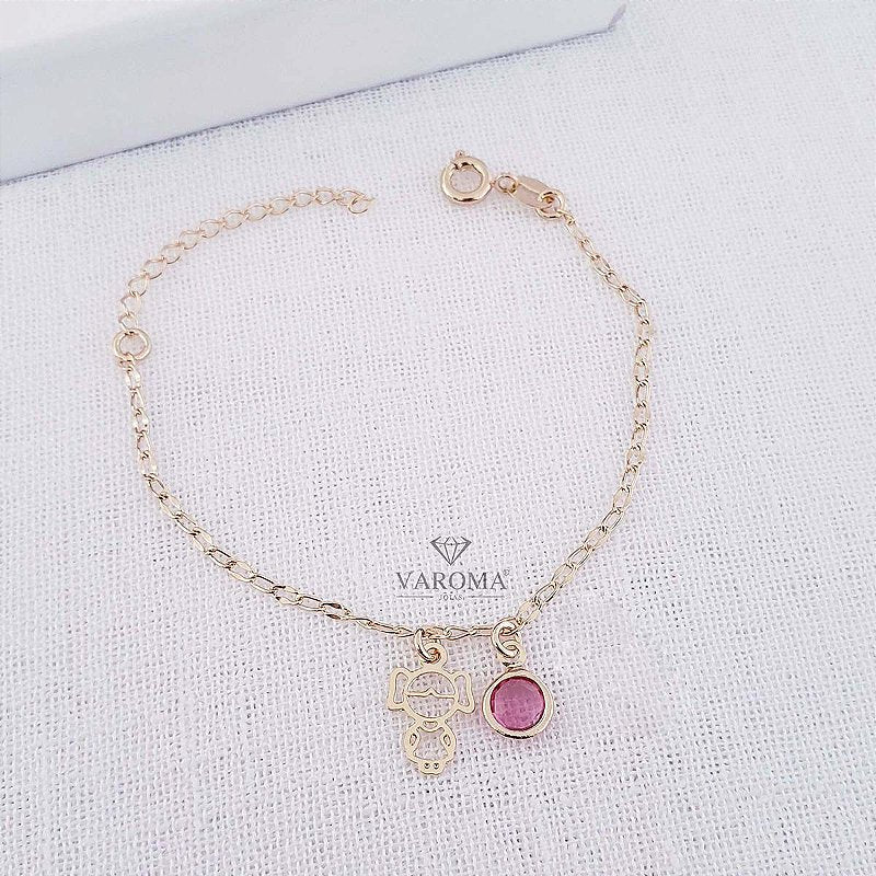 Pulseira infantil com ponto de luz rosa e menina banhada em ouro 18k