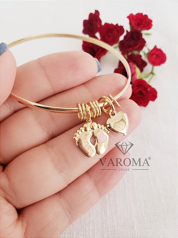 Bracelete fino especial Baby com pezinhos e coração banhado em ouro 18k