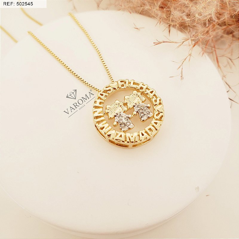 Colar minhas filhas amadas com duas meninas cravejadas com zircônias banhado em ouro 18k