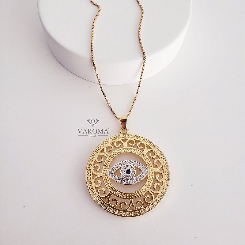 Colar mandala com detalhes vazados e olho grego cravejado com zircônias banhado em ouro 18k