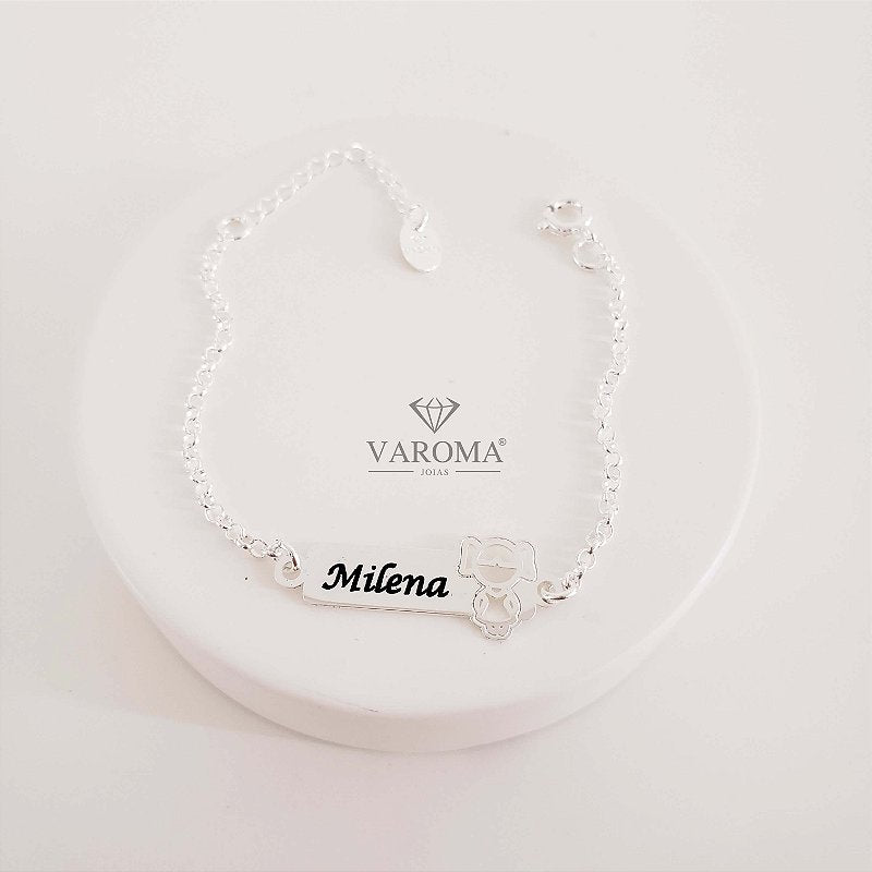 Pulseira infantil com nome personalizável banhada em prata