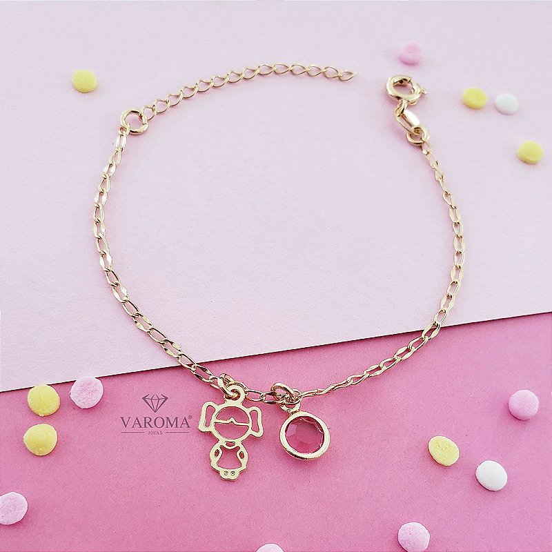 Pulseira infantil com ponto de luz rosa e menina banhada em ouro 18k