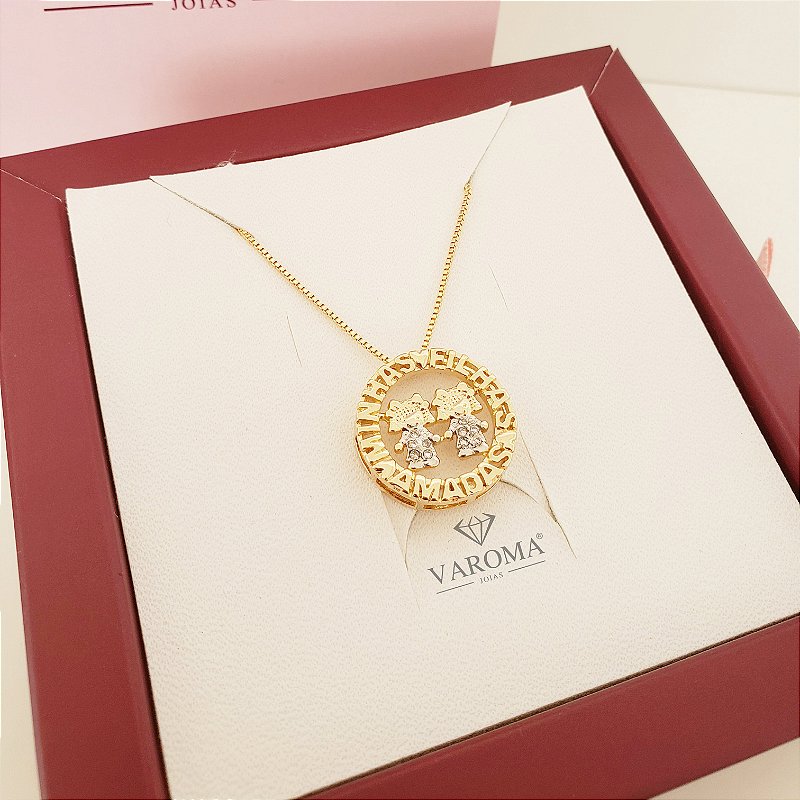 Colar minhas filhas amadas com duas meninas cravejadas com zircônias banhado em ouro 18k