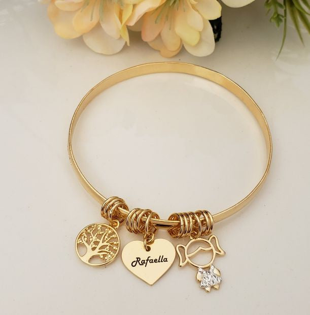 Bracelete com pingente de coração personalizável, árvore da vida e filho cravejado com zircônias banhado em ouro 18k